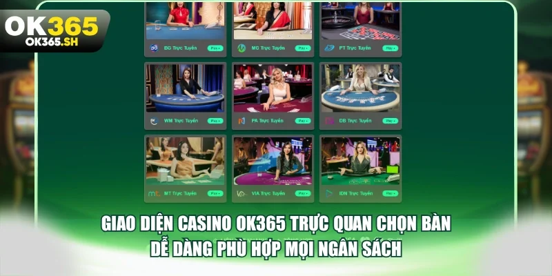 Giao diện casino OK365 trực quan chọn bàn dễ dàng phù hợp mọi ngân sách.