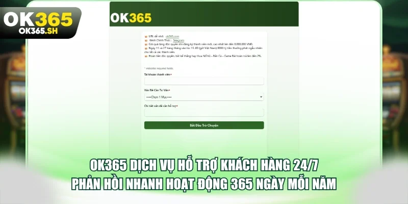 OK365 dịch vụ hỗ trợ khách hàng 24/7 phản hồi nhanh hoạt động 365 ngày mỗi năm.